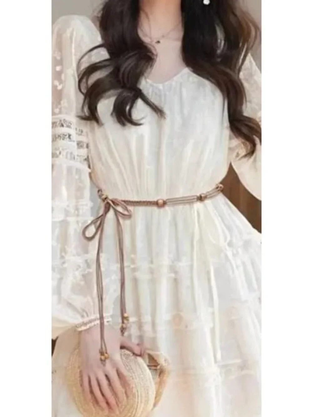 Light Brown Braided Rope Wrap-Around Belt With Wooden Beads